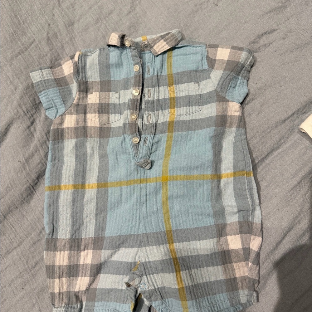Burberry Kids Plaid Romper in Blue and Yellow